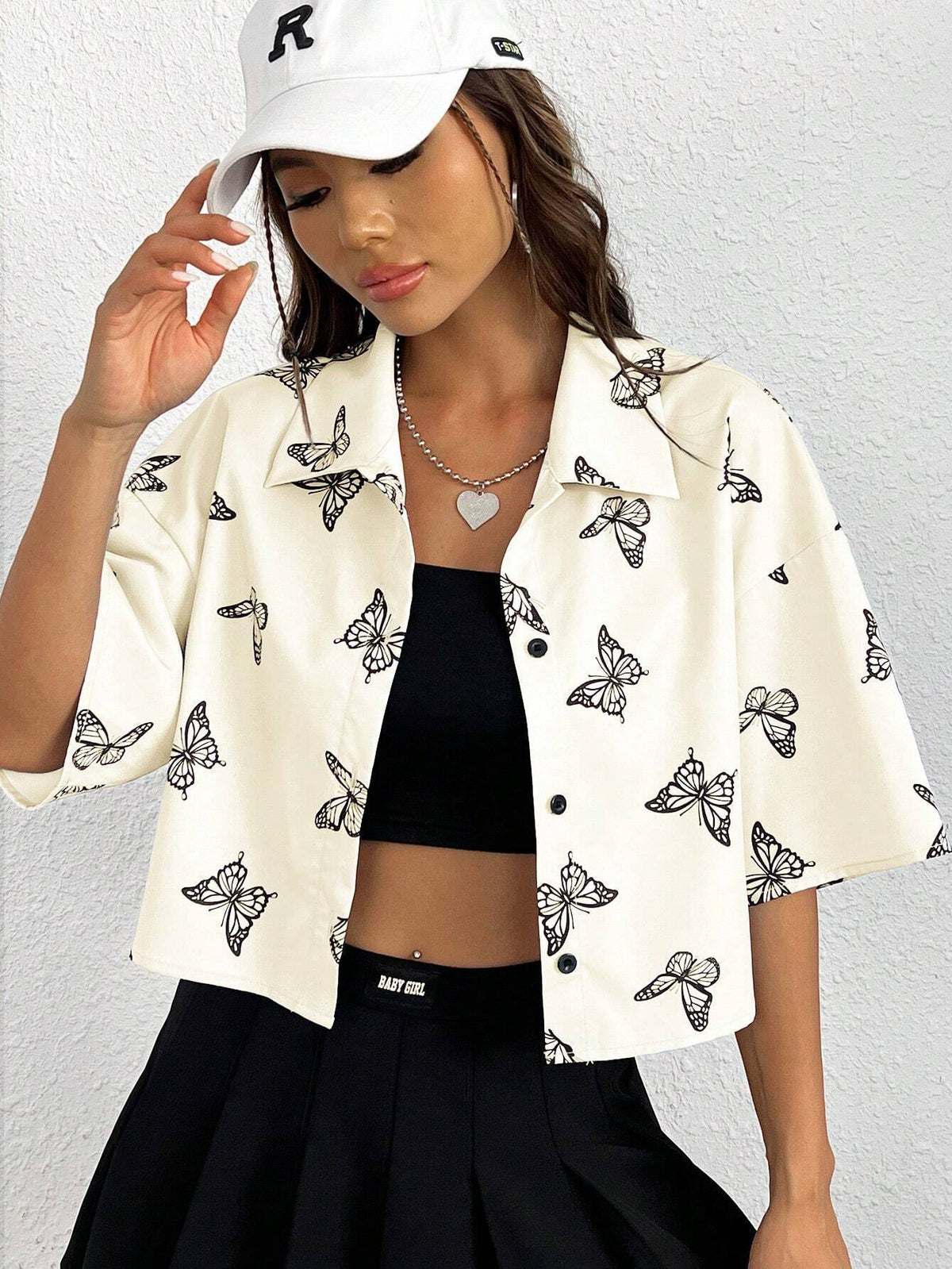 Women's Short Sleeve Shirt with Butterfly Print