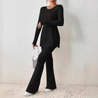Women's Fine Ribbed Lounge Set with Long Sleeves and Flared Legs