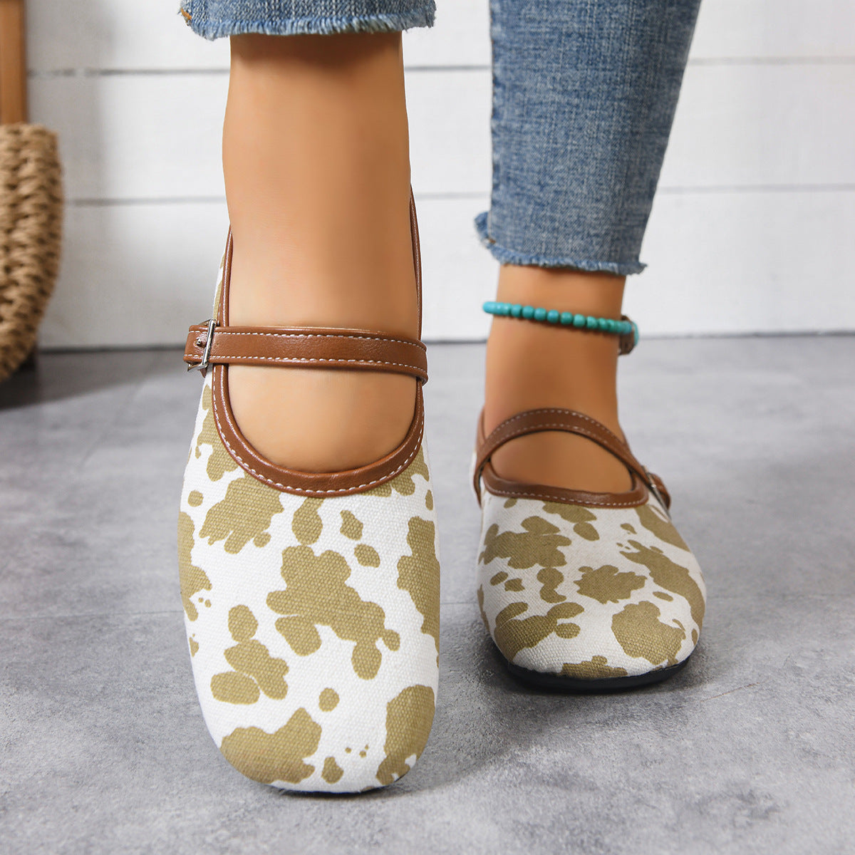 Women's Patterned Ballet Flats with Adjustable Buckle