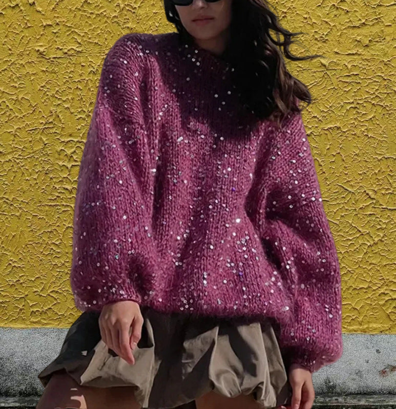 Women's Glitter Knit Sweater with Wide Cut