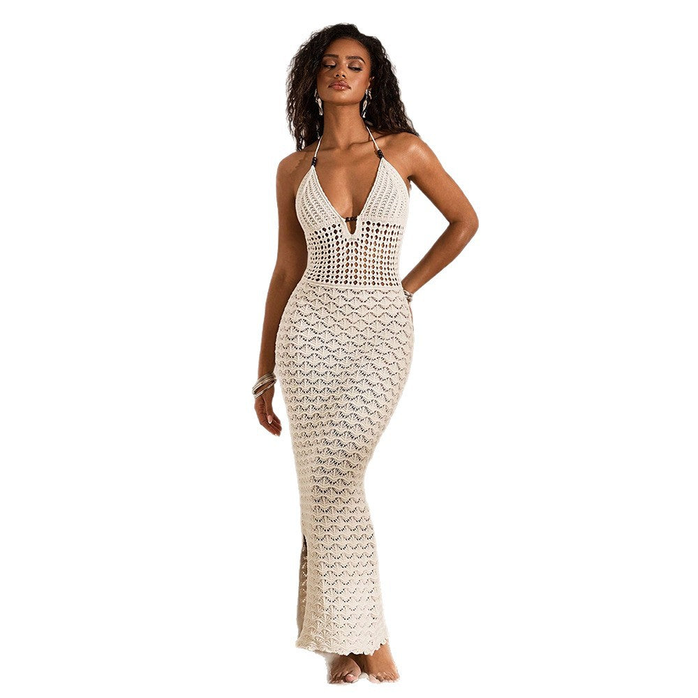 Women's Elegant Crocheted Beach Dress with Deep V-Neck