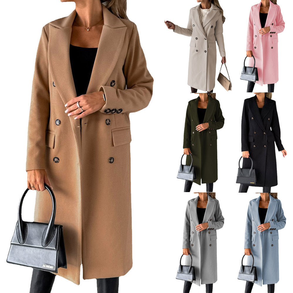 Women's Elegant Double-Breasted Coat with Modern Cut and Pockets