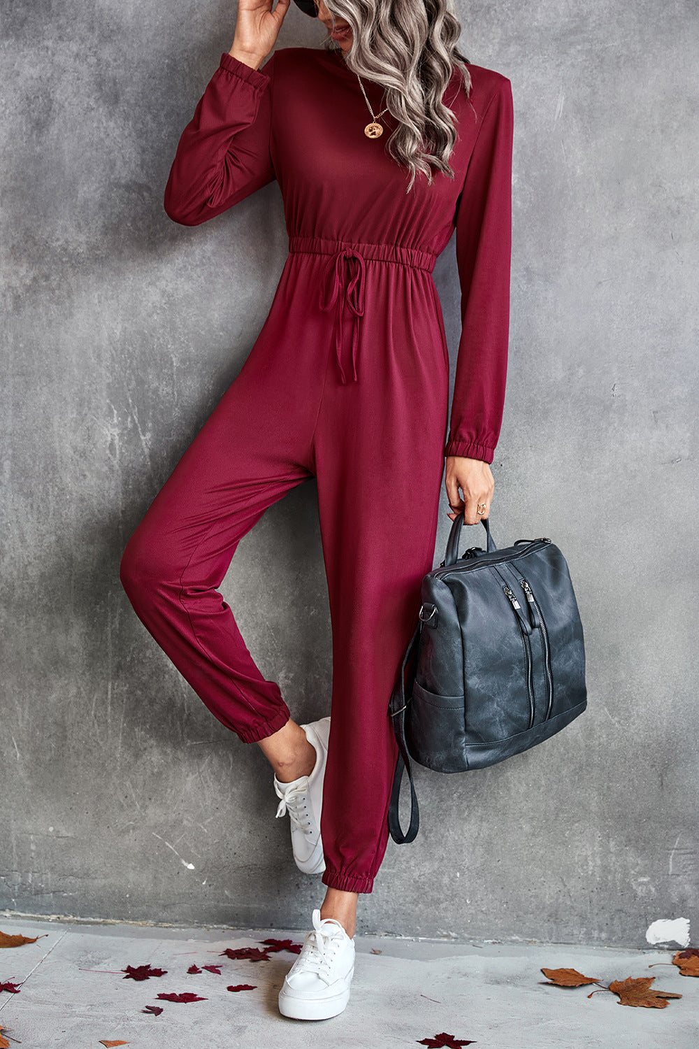 Casual Jumpsuit with Elastic Waist and Long Sleeves