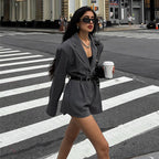 Women's Blazer Short Suit with Waist Belt