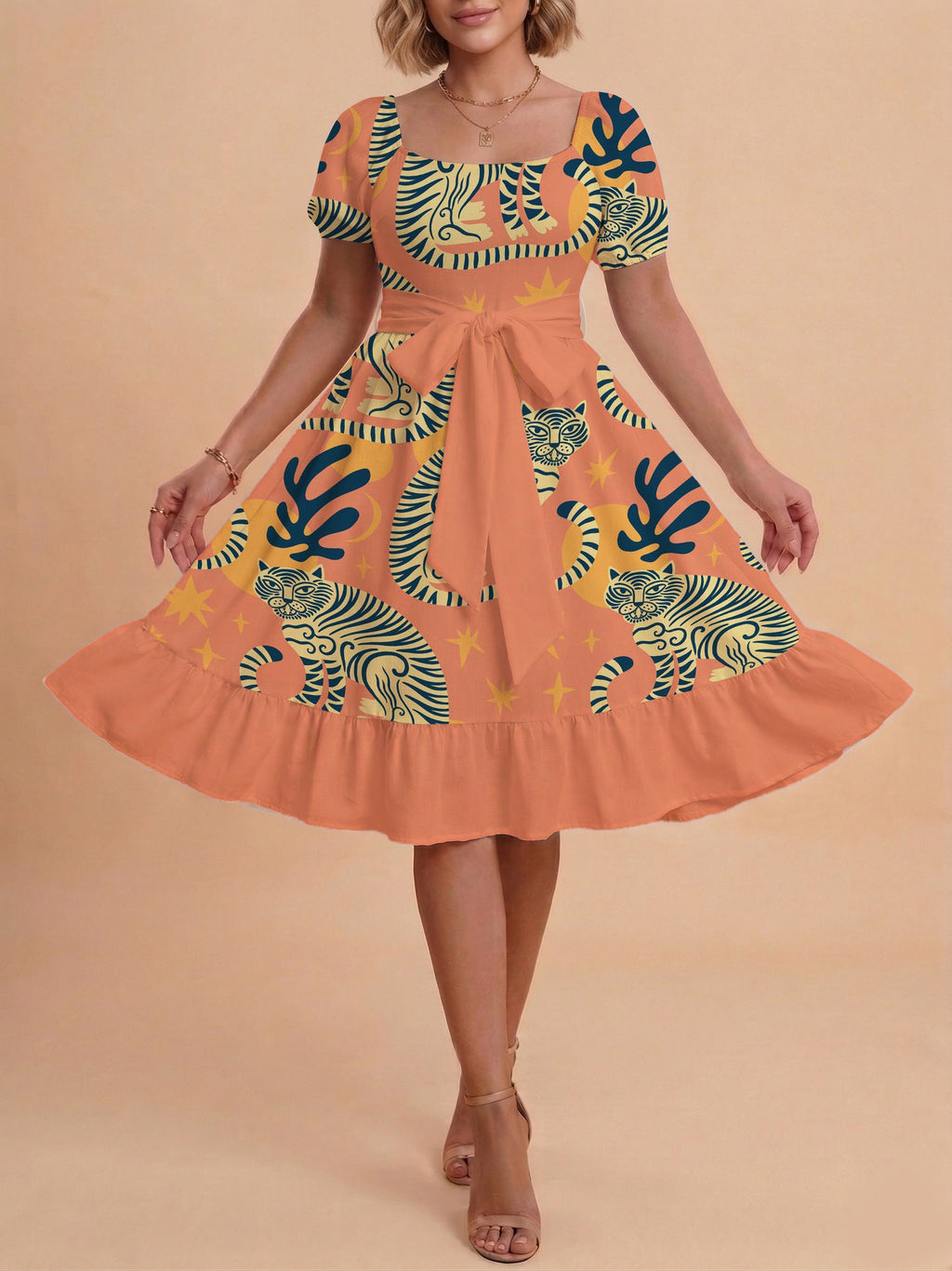 Women's A-Line Dress with Floral Motifs and Adjustable Belt