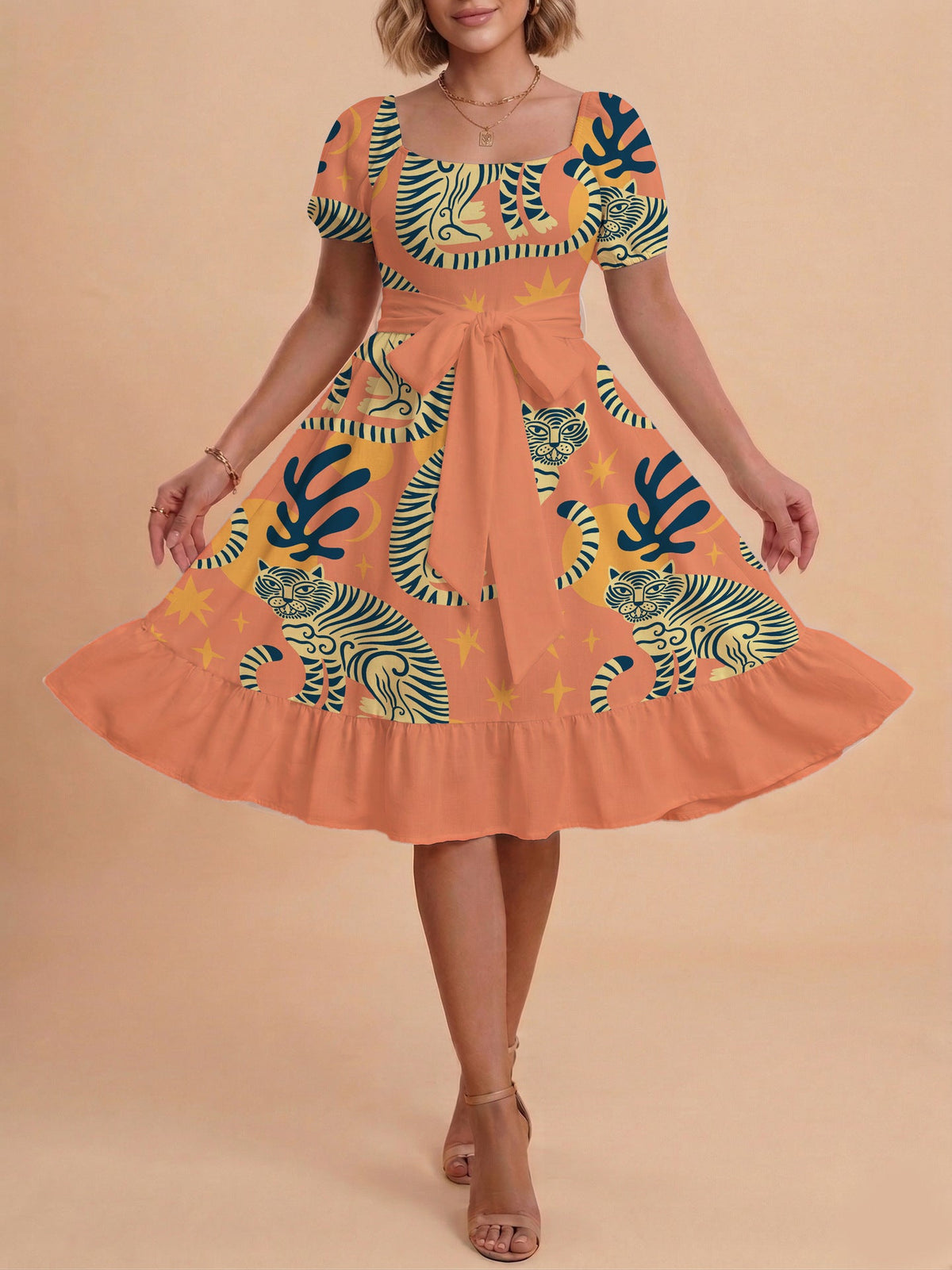 Women's A-Line Dress with Floral Motifs and Adjustable Belt