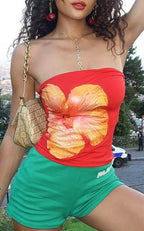 Women's Bandeau Top with Floral Print and Elastic Waistband