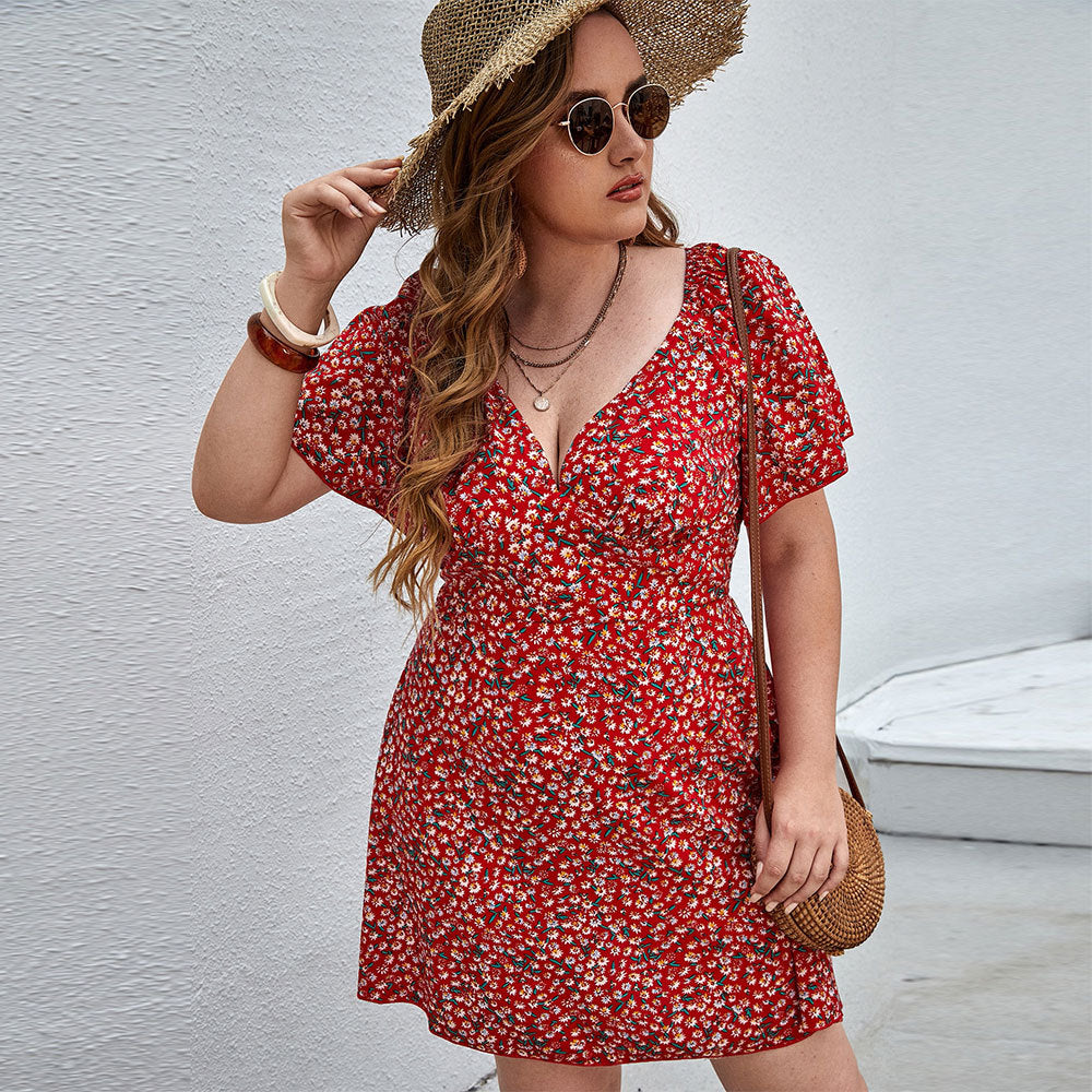 Women's Floral Summer Dress with V-Neck and Loose Sleeves