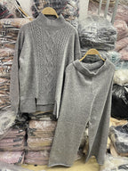 Women's Elegant Knit Suit with High Collar and Colorful Pattern