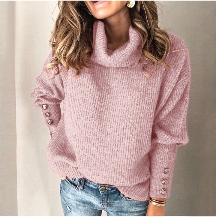 Women's Chunky Knit Sweater with High Collar and Decorative Button Details