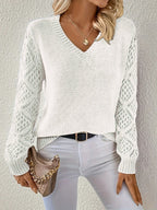 Elegant V-Neck Knit Sweater with Crocheted Sleeves