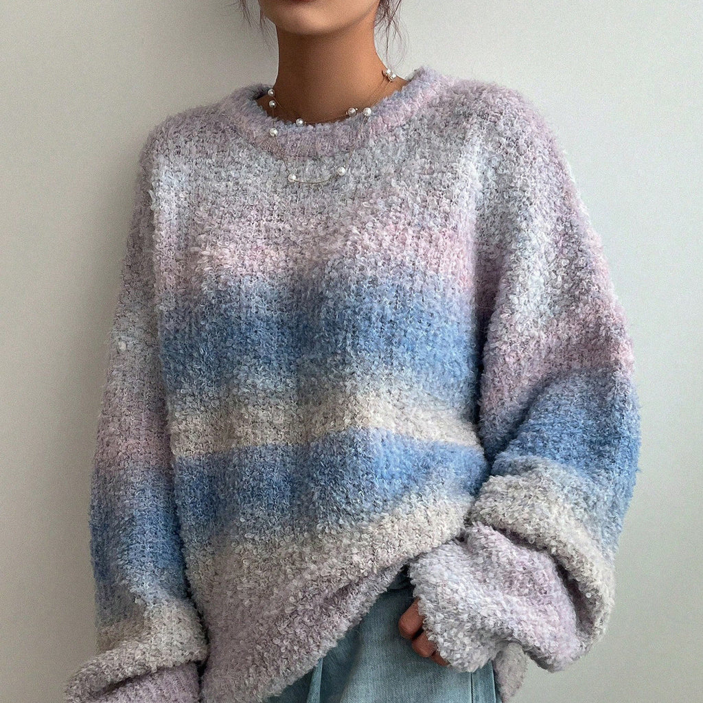 Women's Fluffy Sweater with Textured Gradient and Loose Fit