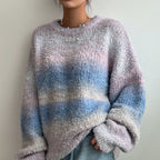 Women's Fluffy Sweater with Textured Gradient and Loose Fit