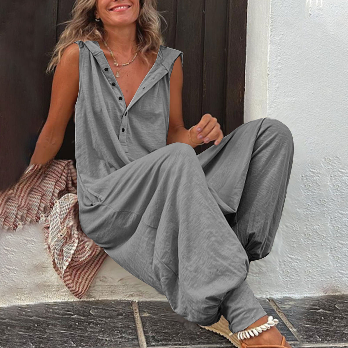 Women's Casual Jumpsuit with Hood and Button Details