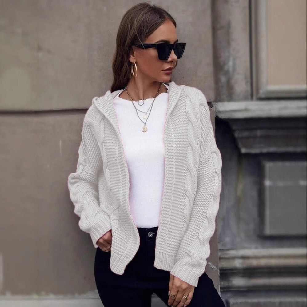 Women's Chunky Knit Cardigan with Hood and Cable Knit Pattern