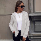 Women's Chunky Knit Cardigan with Hood and Cable Knit Pattern