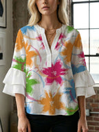 Women's Blouse Shirt with Voluminous Sleeves and Creative Print Design