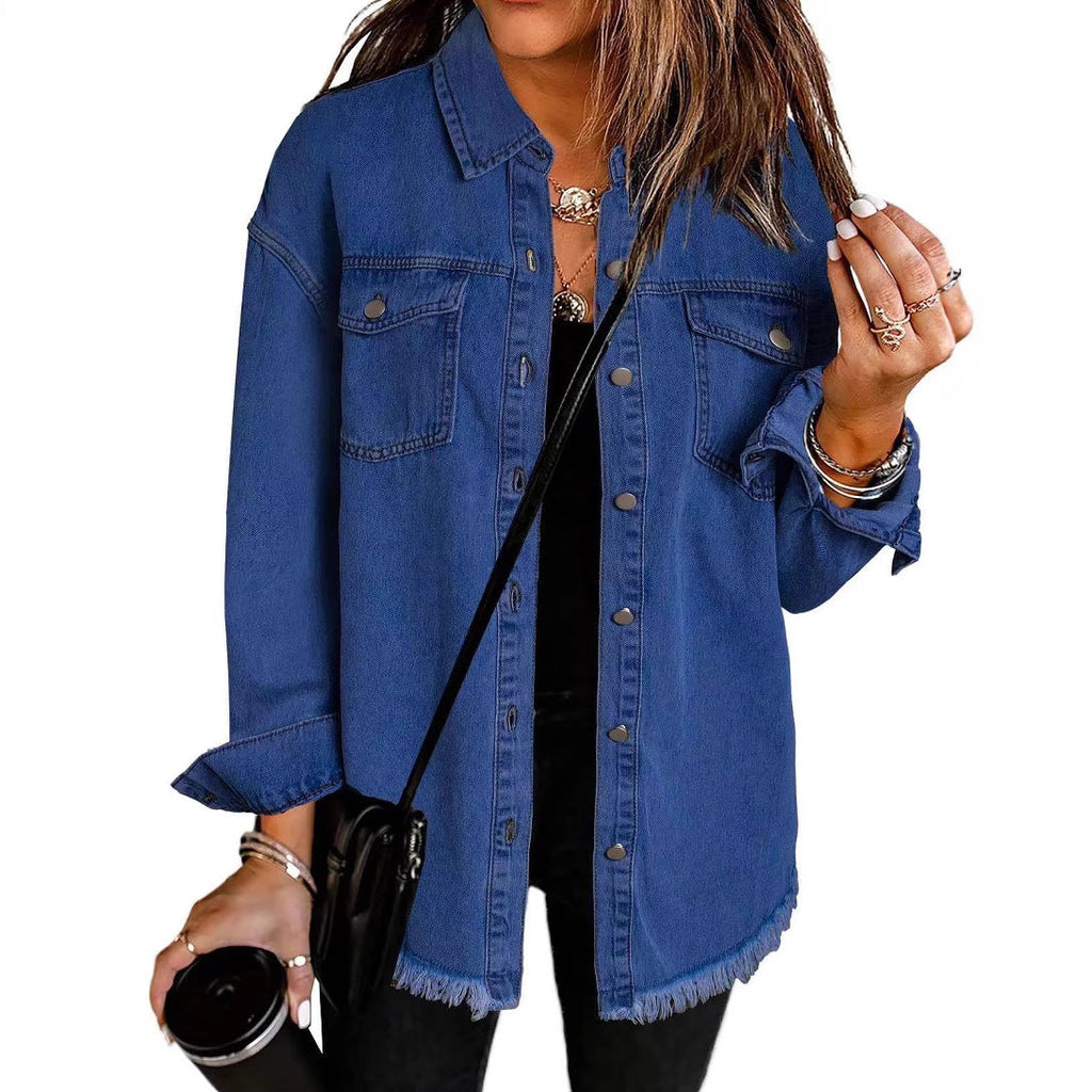 Casual Denim Shirt with Frayed Hems and Chest Pockets