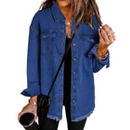Casual Denim Shirt with Frayed Hems and Chest Pockets
