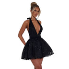 Women's Sleeveless Mini Dress with Deep V-Neck and Sparkling Glitter