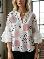 Women's Blouse with Voluminous Flutter Sleeves and Leaf Print