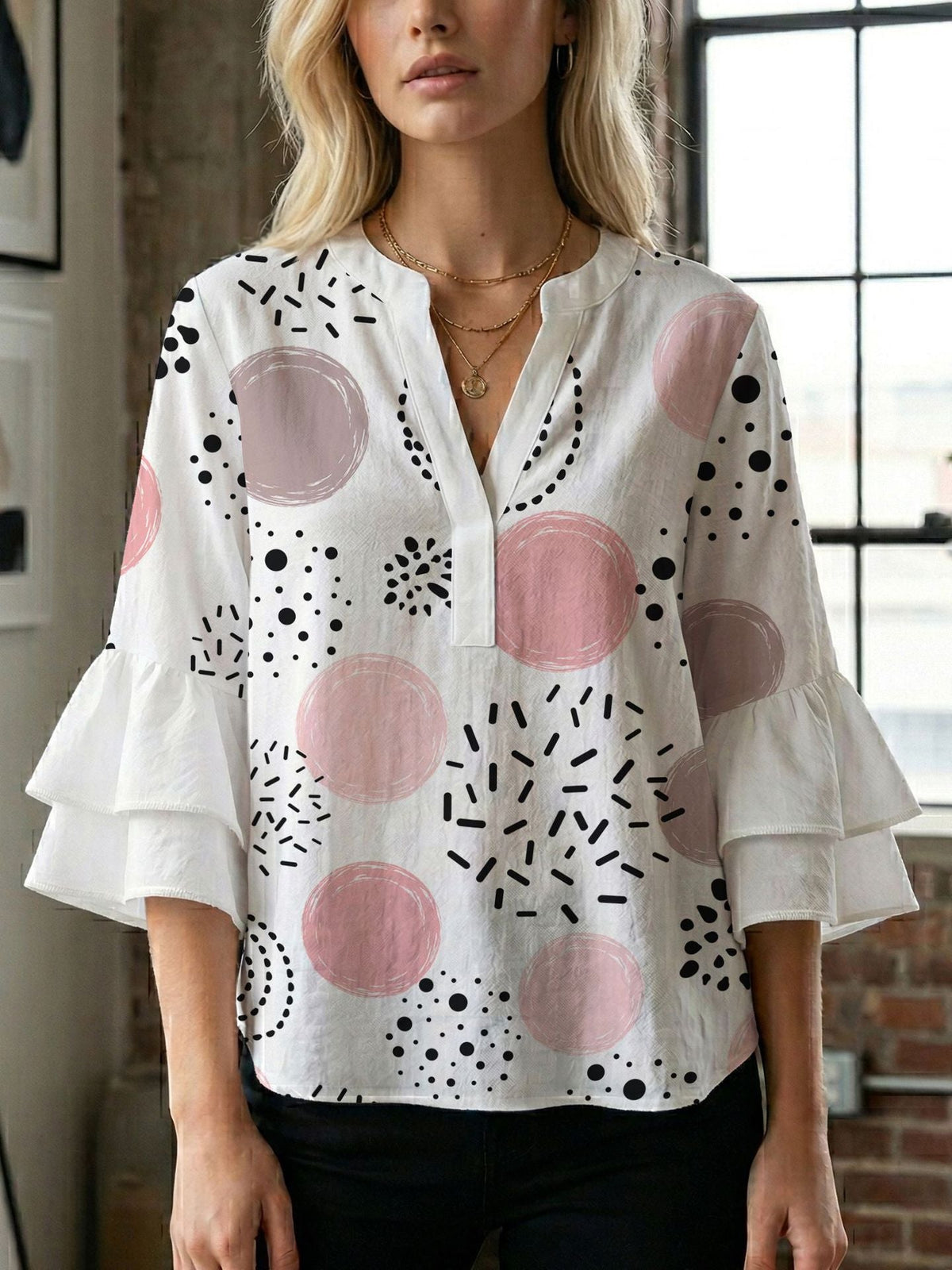 Women's Blouse with Voluminous Flutter Sleeves and Leaf Print