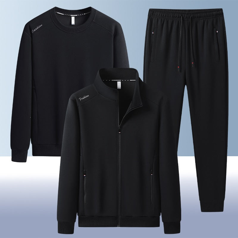 Men's two-piece training set with stand-up collar zip jacket, round neck sweatshirt, and tapered jogging pants