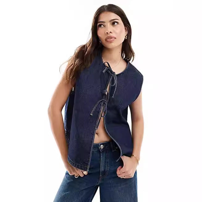Denim Vest with Innovative Lace-Up Closure