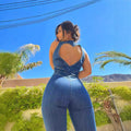 Women's Denim Jumpsuit with Heart-Shaped Back Cutout and Figure-Hugging Fit