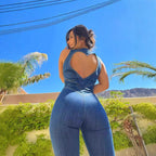 Women's Denim Jumpsuit with Heart-Shaped Back Cutout and Figure-Hugging Fit