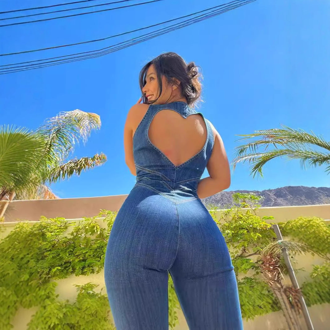 Women's Denim Jumpsuit with Heart-Shaped Back Cutout and Figure-Hugging Fit