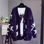 Women's Chunky Knit Cardigan with Star Pattern and Deep V-Neck