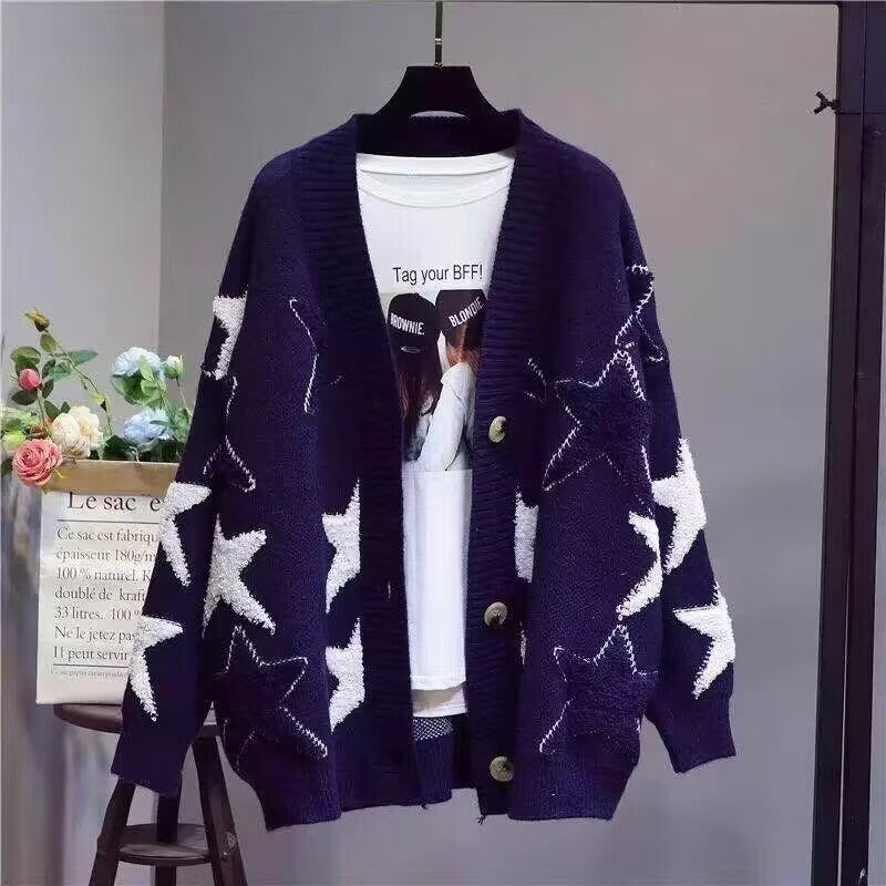 Women's Chunky Knit Cardigan with Star Pattern and Deep V-Neck