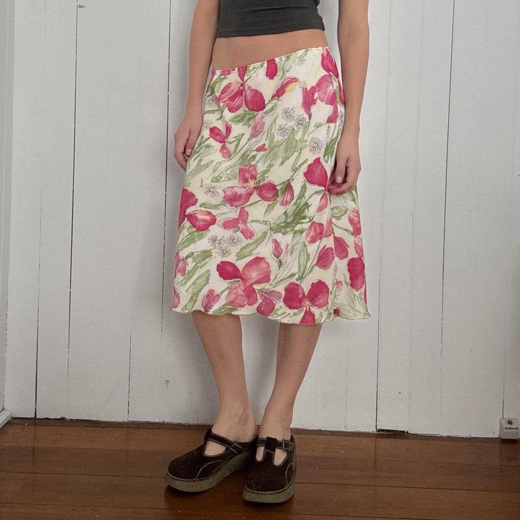 High-Waisted Flared Midi Skirt with Floral Watercolor Print