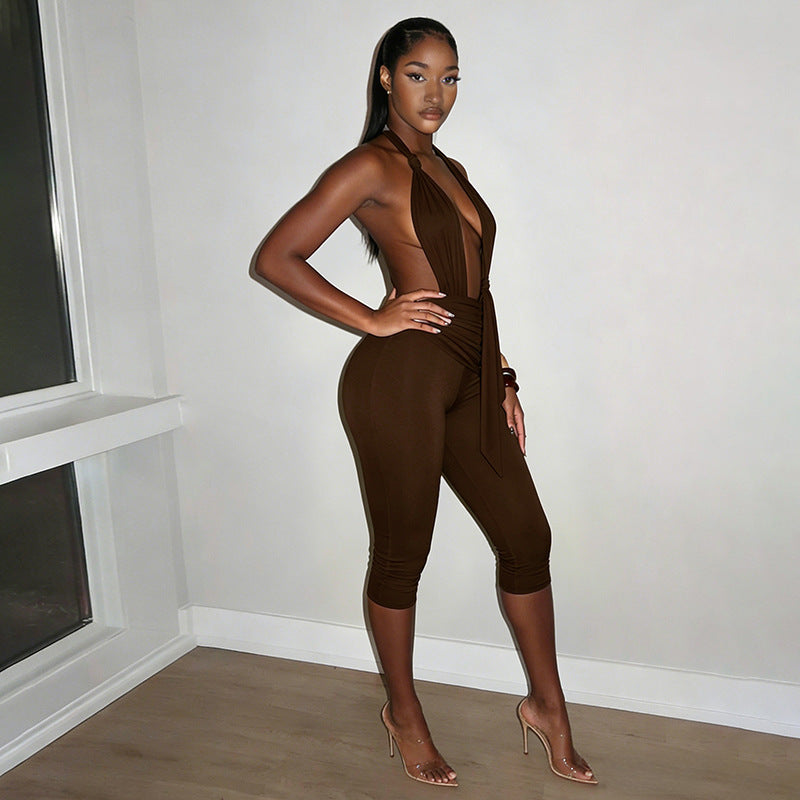 Elegant Women's Jumpsuit with Deep V-Neck and Figure-Flattering Design