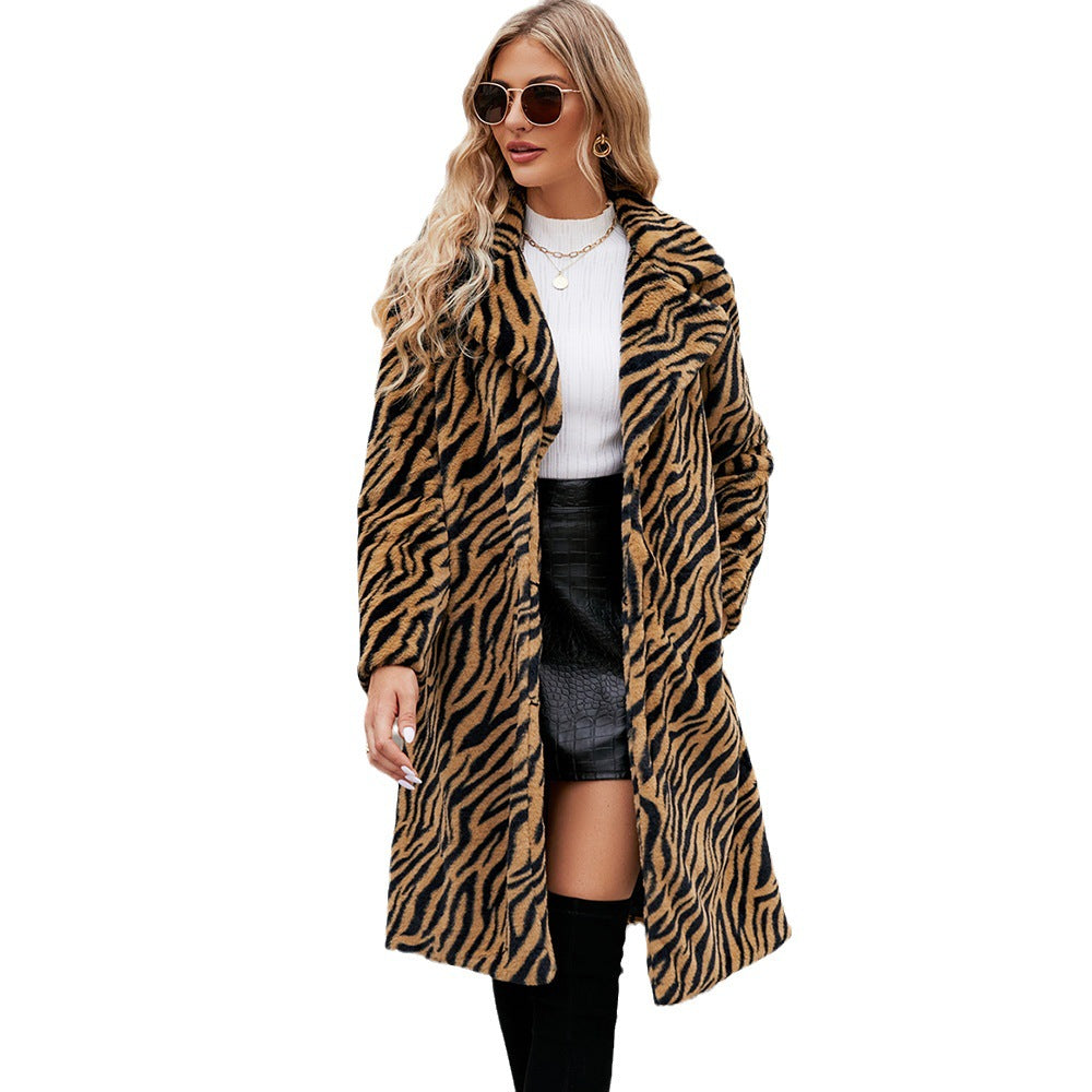 Women's Elegant Faux Fur Coat in Zebra Design