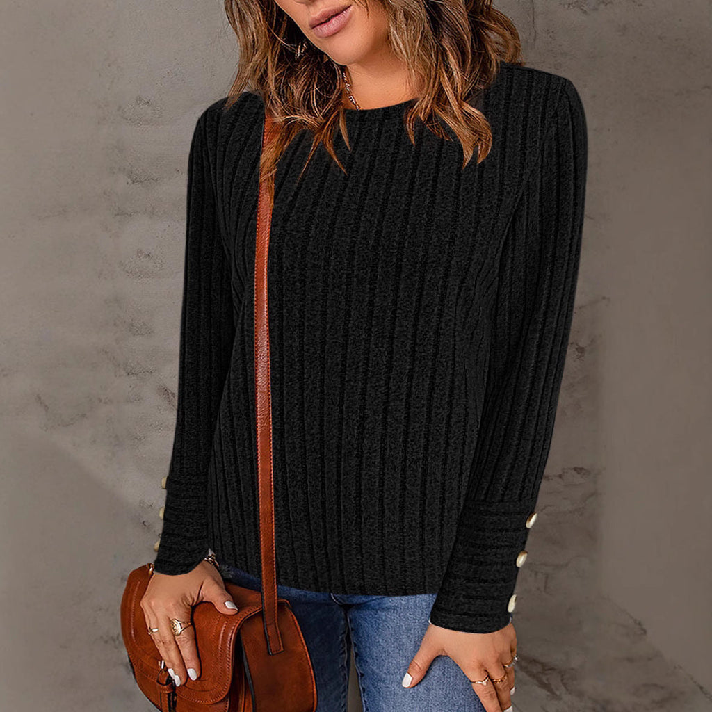 Women's Fine Knit Pullover with Ribbed Texture and Button Details