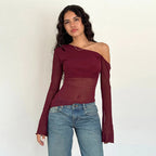 Women's Asymmetrical Long-Sleeve Shirt with Sheer Sleeves