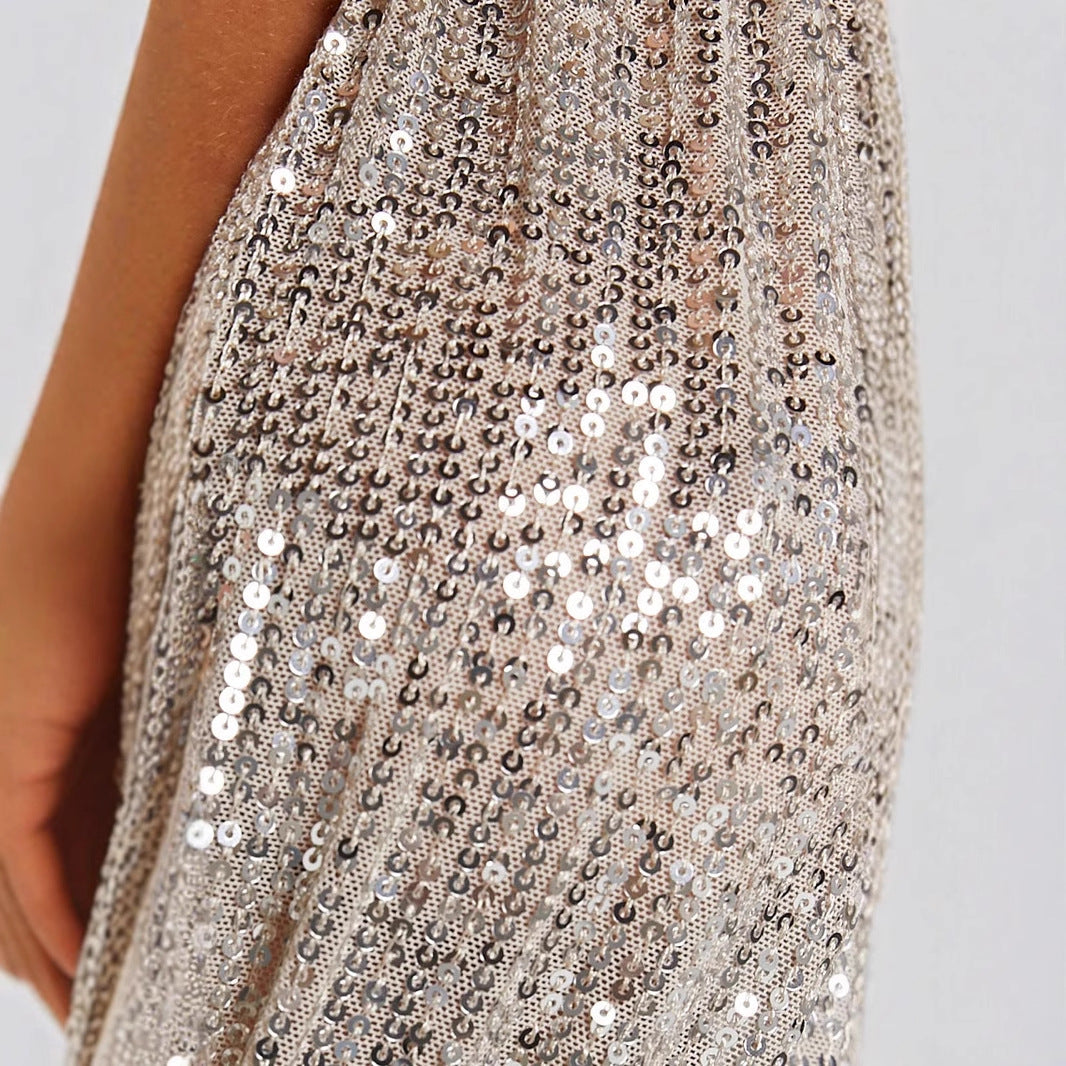 Women's Glittering Overall with Deep V-Neck and Long Sleeves
