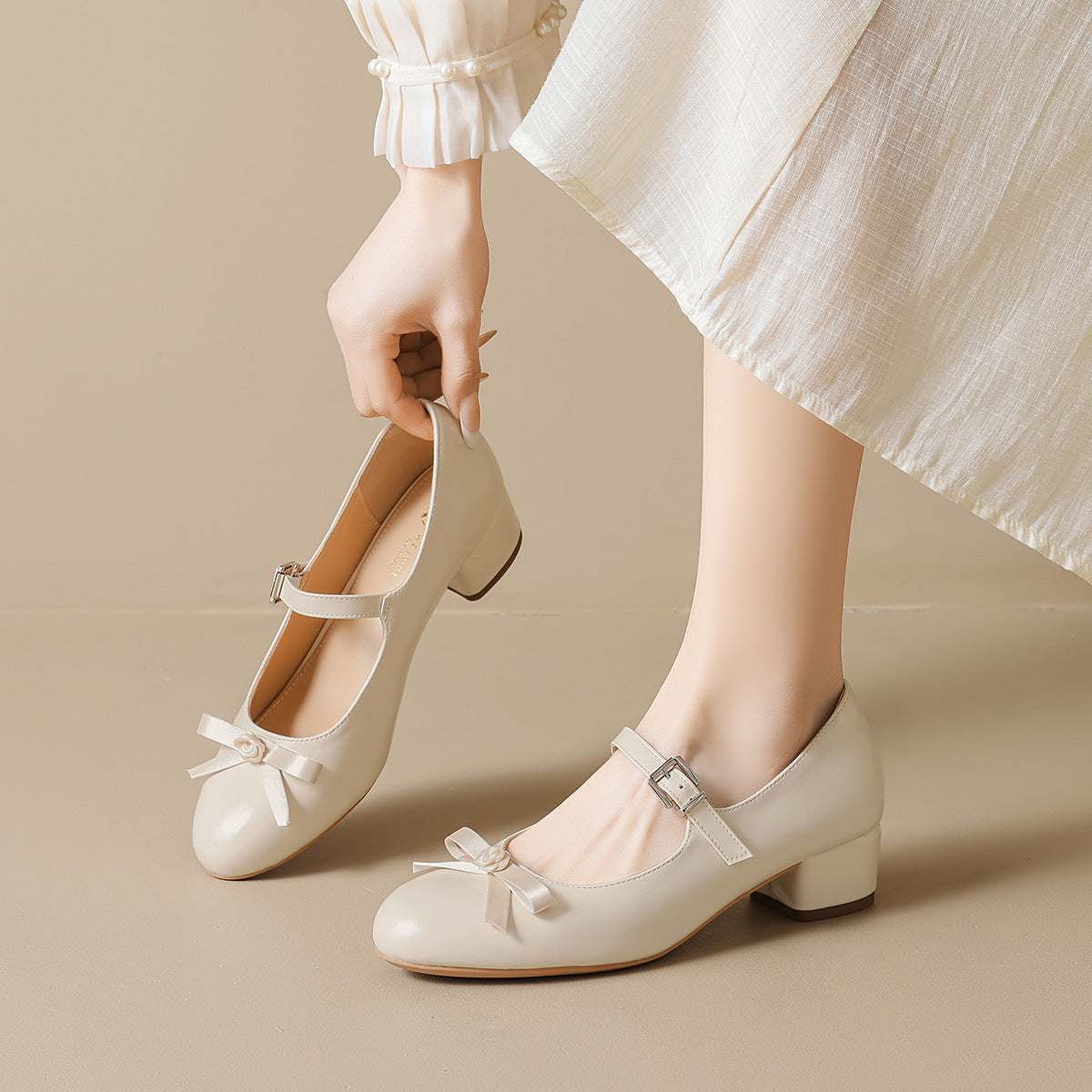 Women's Ballet Flats with Strap and Bow Detail