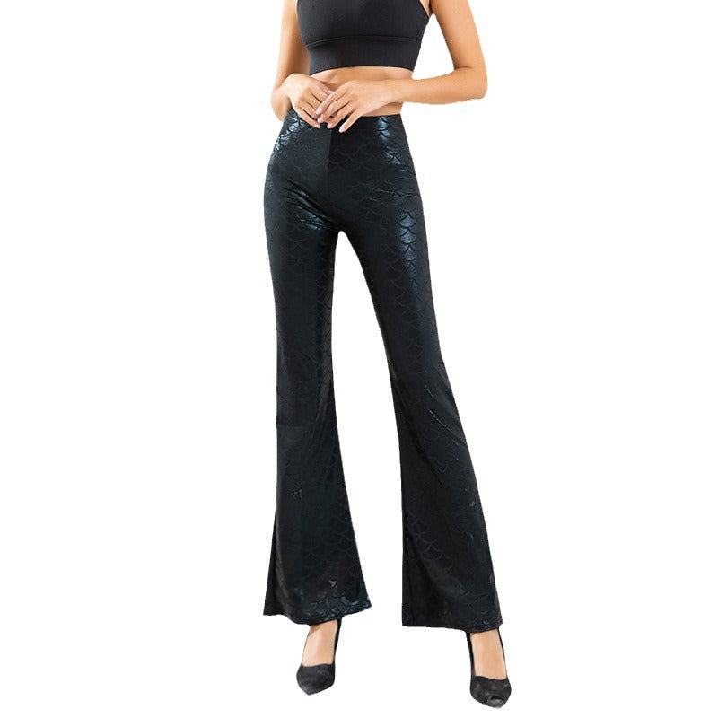 Women's Shiny Flared Pants with Scale Pattern