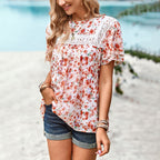 Women's Floral Blouse with Lace Trim