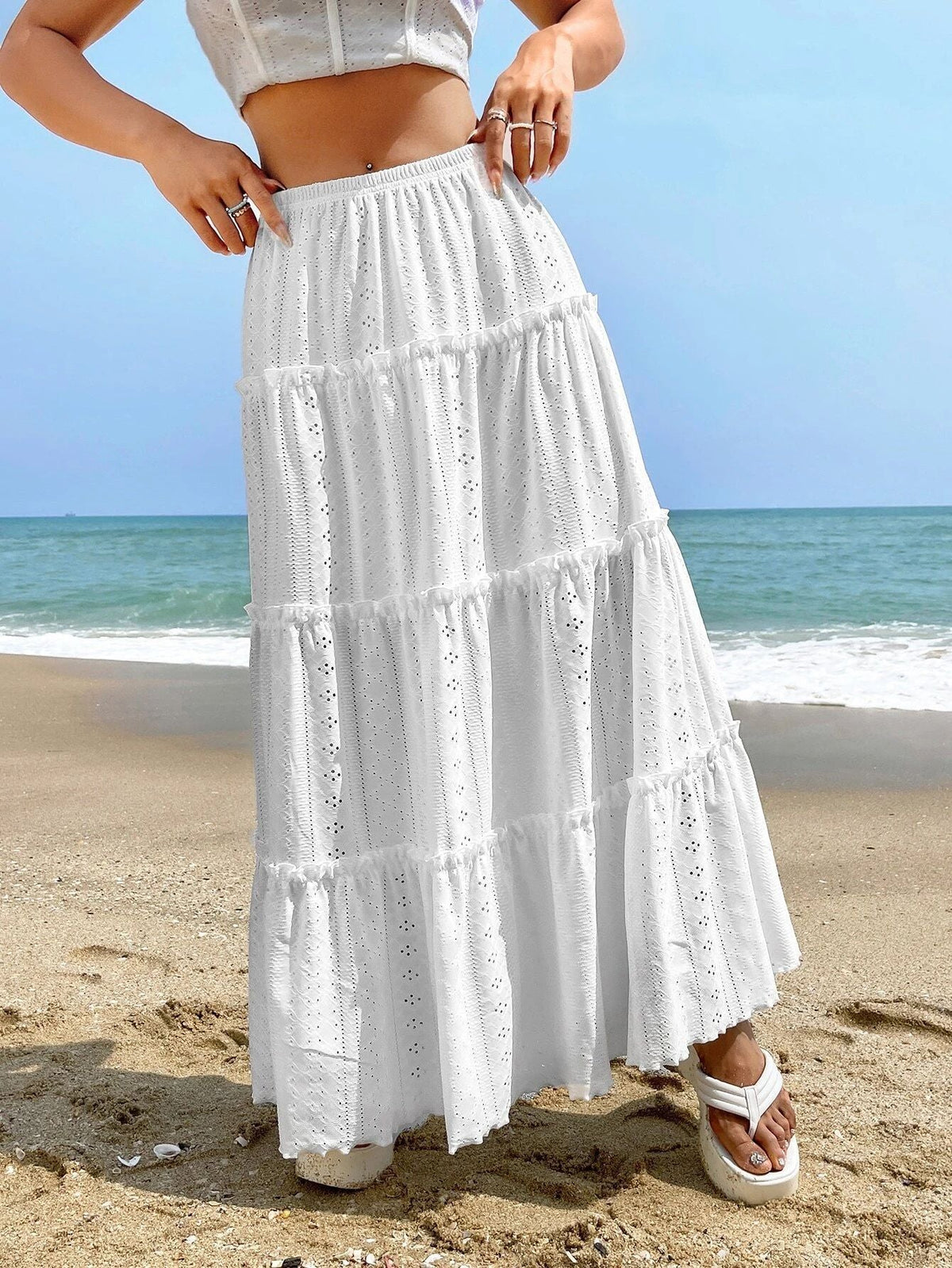 Women's Maxi Skirt with Eyelet Pattern and Voluminous Ruffles