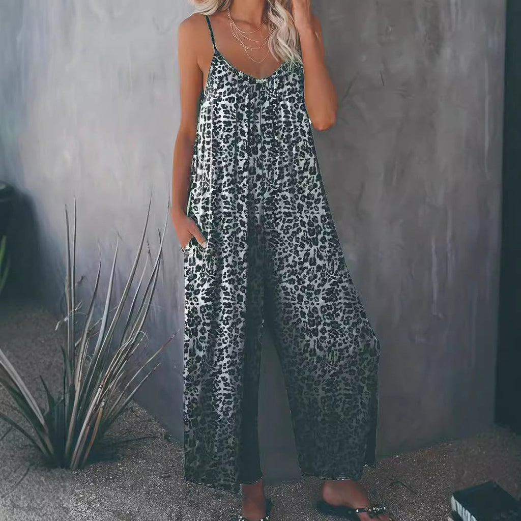 Women's Loose Jumpsuit with Animal Print and Pockets