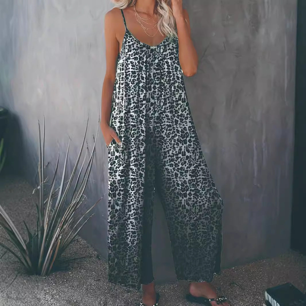 Women's Loose Jumpsuit with Animal Print and Pockets