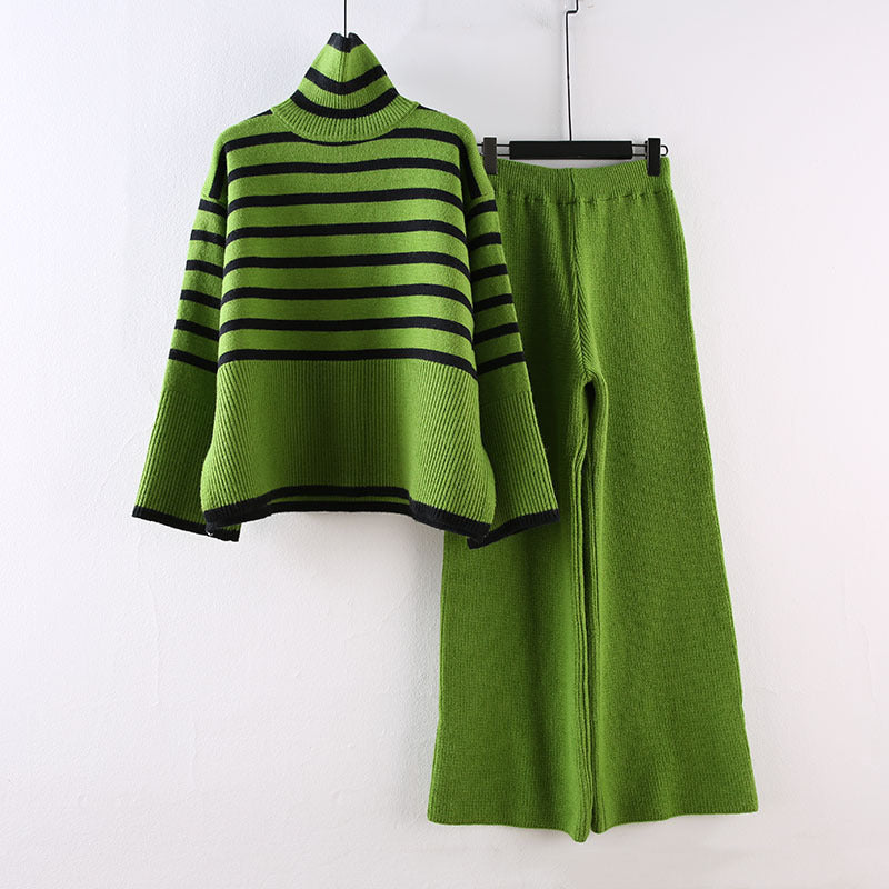 Women's Casual Knit Ensemble with High Collar and Wide Sleeves