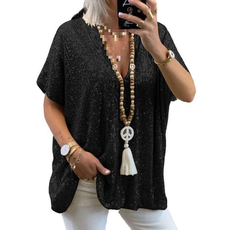 Women's Glamorous Sequin Tunic Shirt with V-Neck