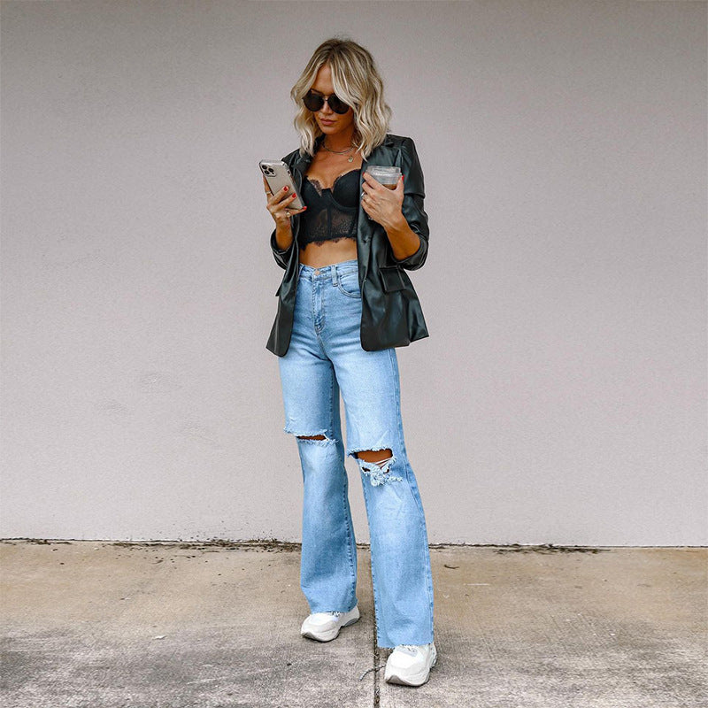 Women's Lined Wide-Leg Jeans with Distressed Details and High Waist