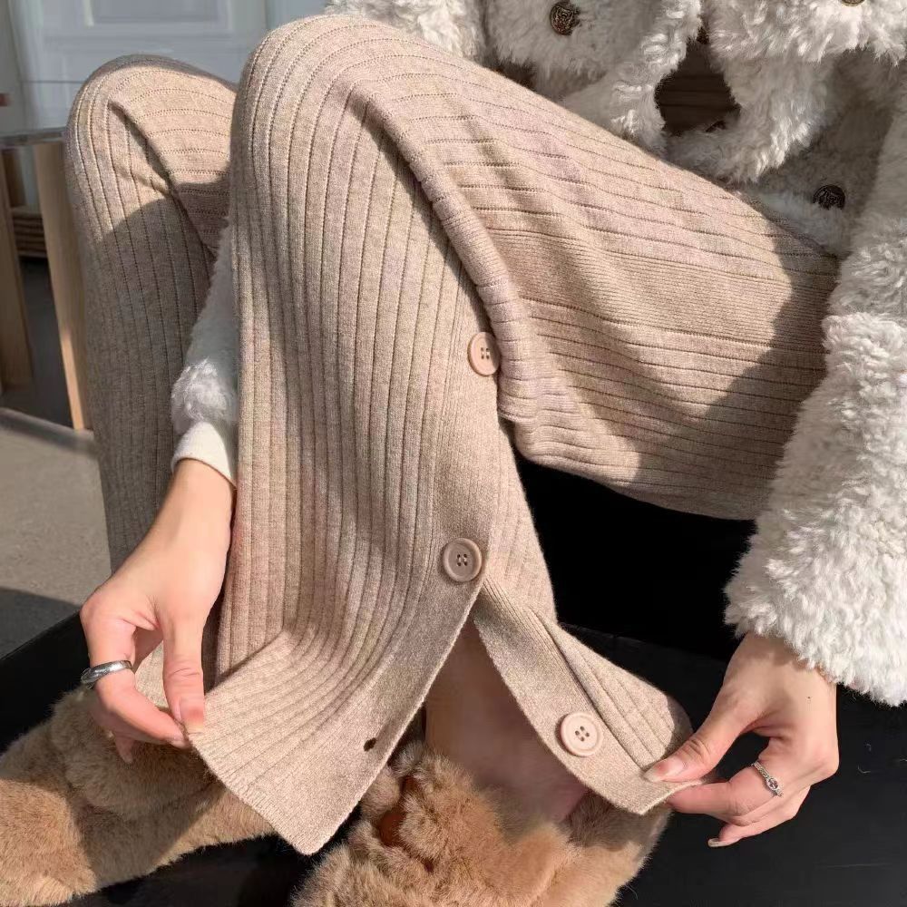 Women's Elegant Knit Pants with Decorative Button Details