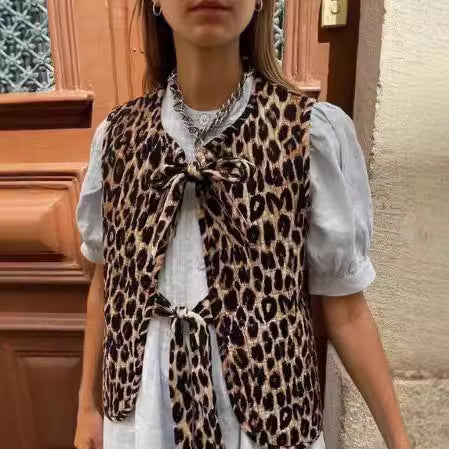 Women's Sleeveless Top with Bow Detail and Leopard Print